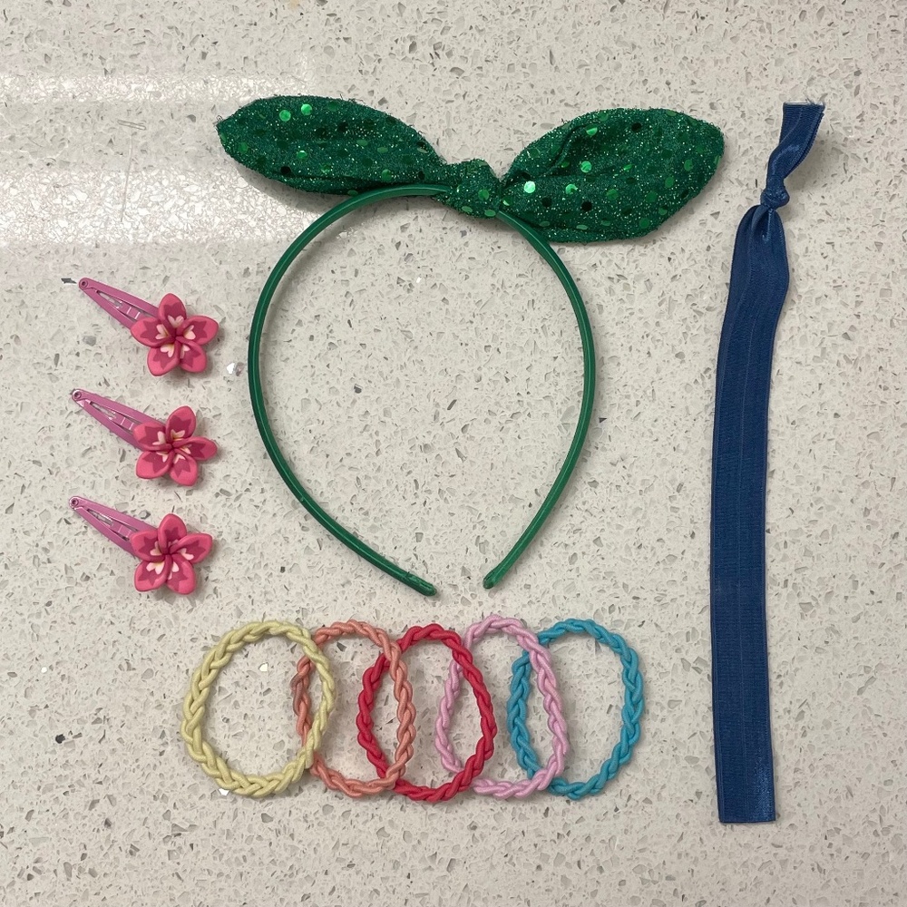 Bundle of Hair Accessories, Hibiscus Hair Clips, Rainbow Hair Ties, Head Bands